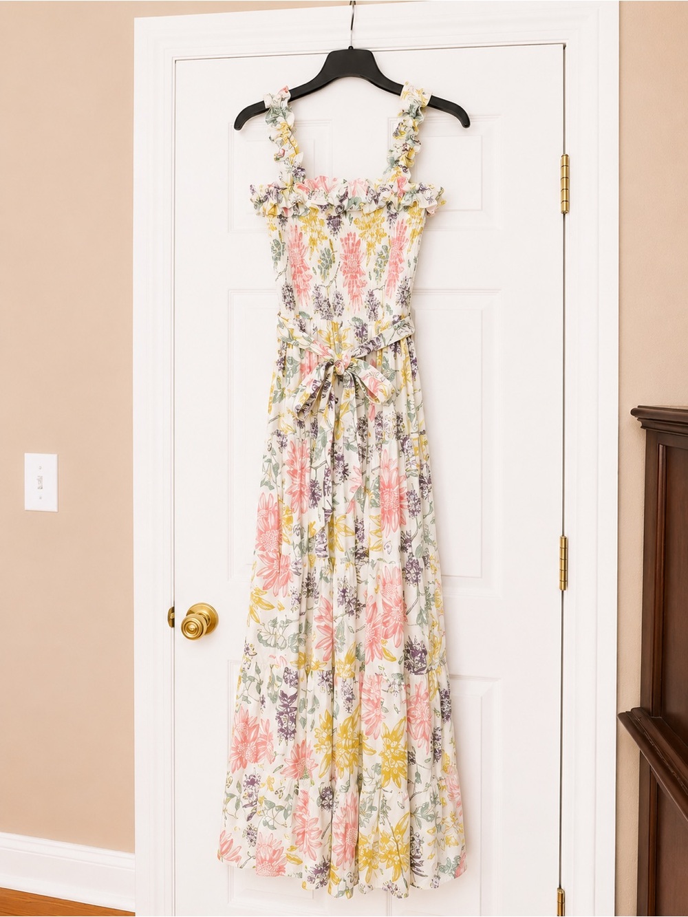 Aura Cream Maxi Dress with Pink, Yellow & Purple Floral Print